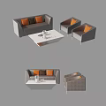 Modern Gray Sofa And Coffee Table Set With Orange Pillows And Armchairs 3d model