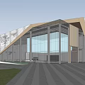 Modern Geometric Sales Office Building With Glass Facade And Water Reflection