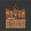 Antique Wooden Cabinet With Cross Carved Details And Tiered Drawers Structure