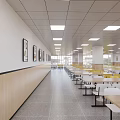 School Cafeteria Interior With Long Tables Yellow White Chairs And Large Windows 3d model