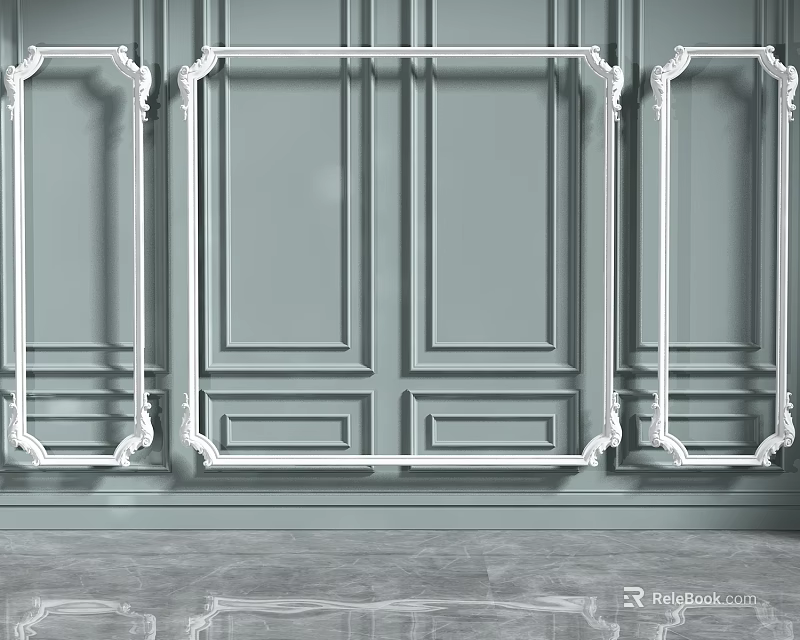 Elegant Light Green Wall Paneling With Ornate White Decorative Lines Interior Design 3d model