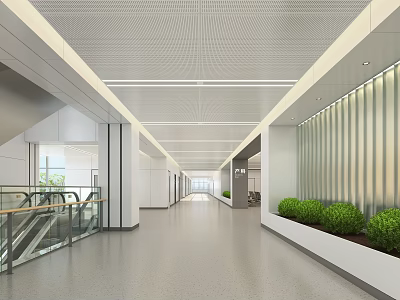 Modern Spacious Corridor Interior With Grid Ceiling Glass Railings And Green Plants 3d model