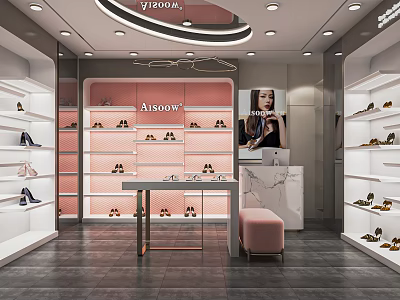 Elegant Aksow Shoe Store Interior With Pink Walls Shoe Displays And Seating 3d model