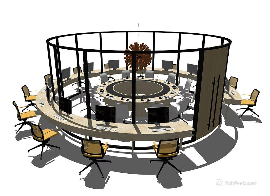Circular Office Desk With Multiple Computer Monitors And Surrounding Chairs 3d model 