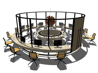 Circular Office Desk With Multiple Computer Monitors And Surrounding Chairs 3d model