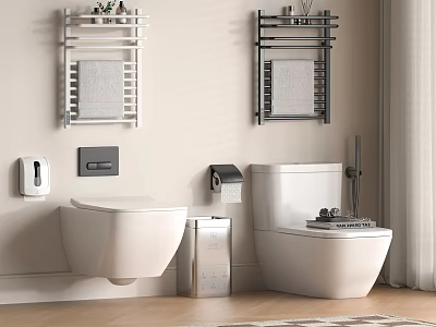 Modern Bathroom With Wall Mounted And Floor Standing Toilets Towel Rails Toilet Paper Holder 3d model