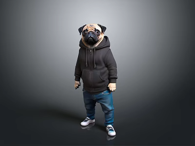 Pug Dressed In Black Hoodie Blue Jeans And White Sneakers On Gray Background 3d model