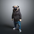 Pug Dressed In Black Hoodie Blue Jeans And White Sneakers On Gray Background