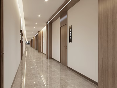 Hotel Corridor With Wooden Doors Marble Flooring Recessed Lighting And Wall Panels 3d model