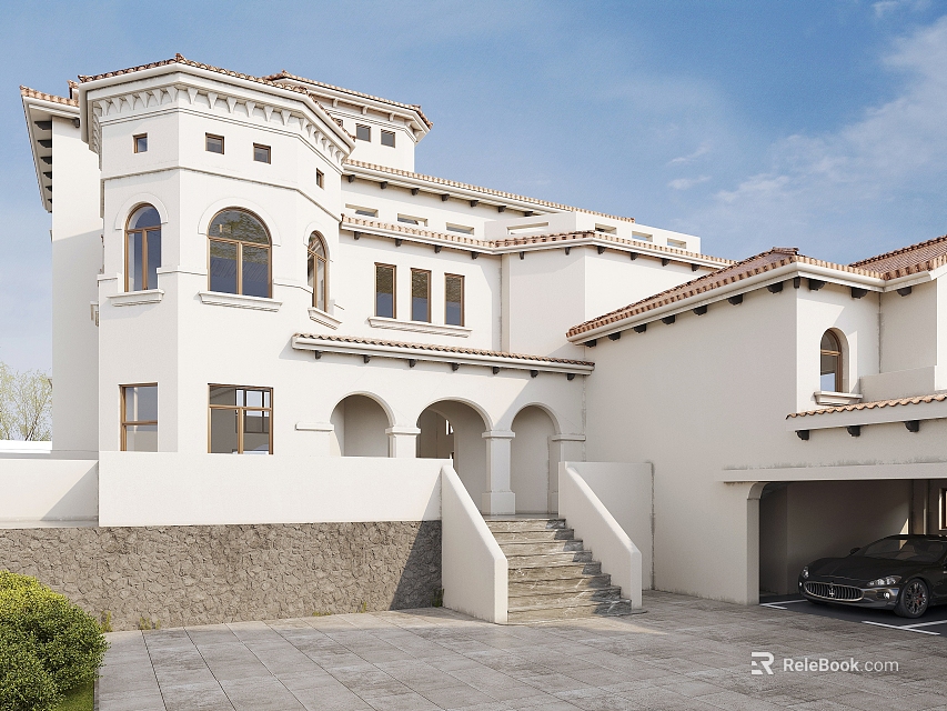 White Detached Villa With Arched Windows Red Tile Roof Stone Steps Garage And Stone Driveway 3d model 