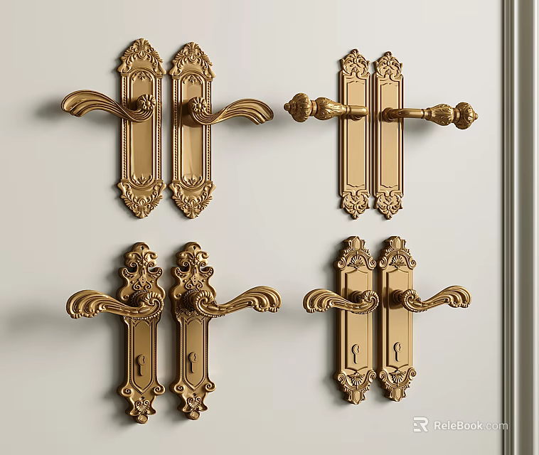 Golden Ornate Door Handles With Intricate Classical Patterns And Various Designs 3d model 