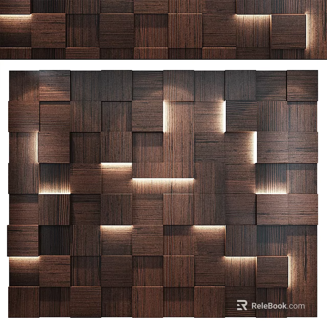 Stylish Wooden Feature Wall With Interlocking Dark Brown Blocks And Integrated Lighting 3d model 