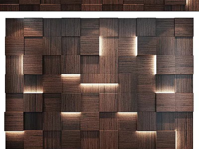 Stylish Wooden Feature Wall With Interlocking Dark Brown Blocks And Integrated Lighting 3d model
