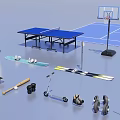 Diverse Sports Equipment Collection Featuring Tennis Court Table Tennis Table Kayak And Fitness Tools