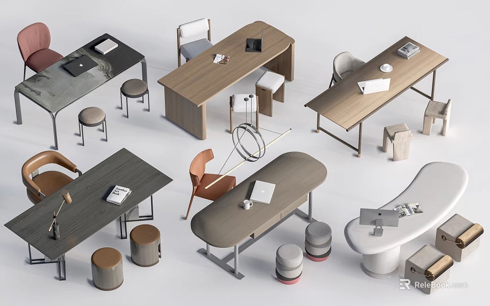 Modern Home Office Desks With Various Designs And Matching Chairs Stools 3d model 