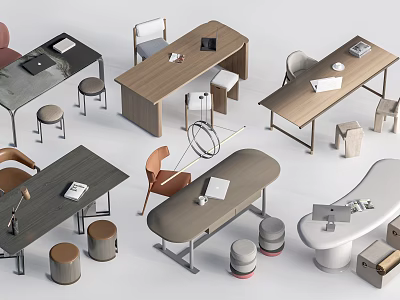 Modern Home Office Desks With Various Designs And Matching Chairs Stools 3d model