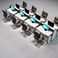 Modern Office Desks Workstation Layout With Computer Monitors And Ergonomic Chairs