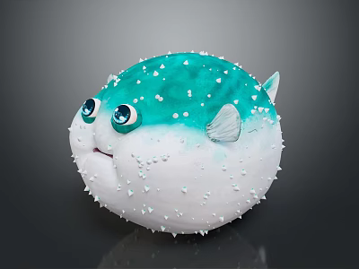 Cute Blue And White Puffer Fish With Big Eyes And Spikes 3d model