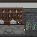 Chinese Style Hotel Lobby With Wooden Ceiling Marble Reception Desk And Green Plants