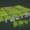 Cartoon Scene Featuring Green Terrain Various Shaped Trees Scattered Rocks And Divided Grass Plots