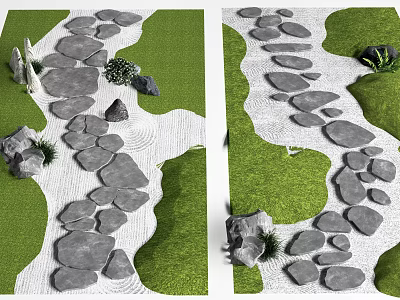 Natural Garden Stepping Stones Path Design With Green Grass And Decorative Rocks 3d model