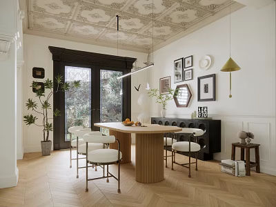Elegant Restaurant Interior With Wooden Round Table White Chairs Pendant Lights And Framed Wall Art 3d model