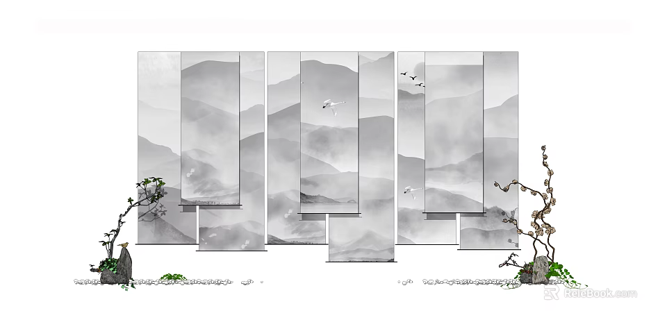 Chinese Ink Style Curtains With Mountain Crane And Tree Branch Patterns 3d model