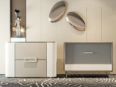 Modern Stylish Nightstands White And Grey With Drawers Metal Decorations Table Lamp And Ornaments 3d model