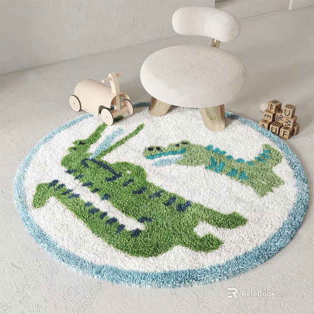 Round Area Rug Featuring Green Alligator Pattern Blue Border Wooden Toy Car and Building Blocks 3d model 