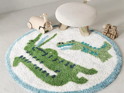 Round Area Rug Featuring Green Alligator Pattern Blue Border Wooden Toy Car and Building Blocks 3d model