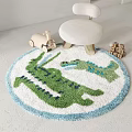 Round Area Rug Featuring Green Alligator Pattern Blue Border Wooden Toy Car and Building Blocks