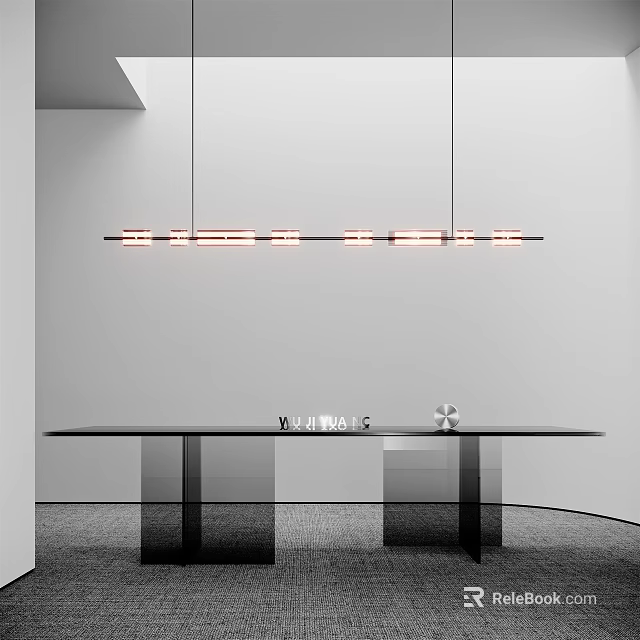 Modern Interior Design With Stylish Linear Pendant Light Hanging Above Dining Table 3d model 