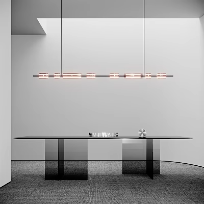 Modern Interior Design With Stylish Linear Pendant Light Hanging Above Dining Table 3d model
