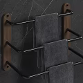 Bathroom Towel Rack With Wooden Frame And Metal Rail For Hanging Towels On Marble Wall