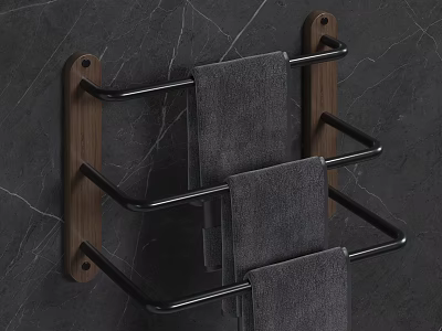 Bathroom Towel Rack With Wooden Frame And Metal Rail For Hanging Towels On Marble Wall 3d model
