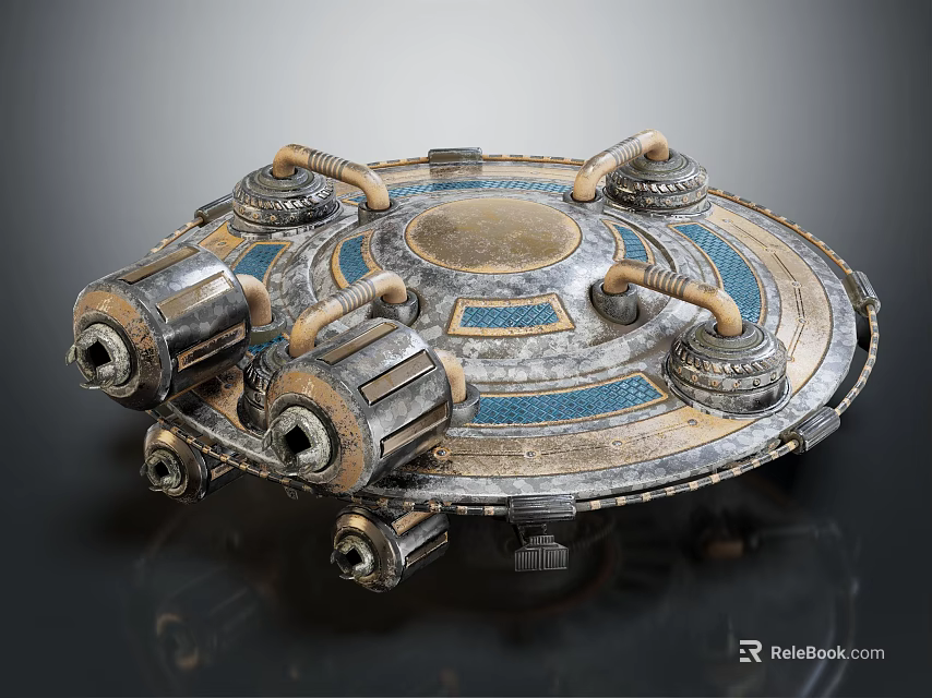 Vintage Sci Fi Circular Metallic Device Featuring Central Disc Blue Stripes And Mechanical Parts 3d model 