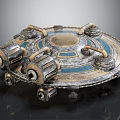 Vintage Sci Fi Circular Metallic Device Featuring Central Disc Blue Stripes And Mechanical Parts