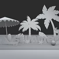 Vibrant Summer Beach Setup With Palm Trees Umbrella Chair Surfboard And Starfish