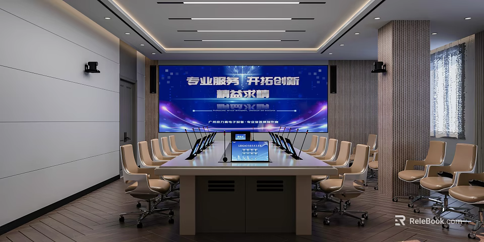 Modern Conference Room Interior Design With Large Screen Long Conference Table And Multiple Chairs 3d model 