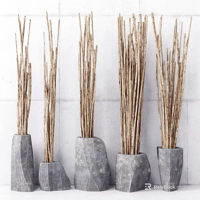 Natural Garden Decor With Dried Branches In Gray Stone Vases Against White Wall 3d model 
