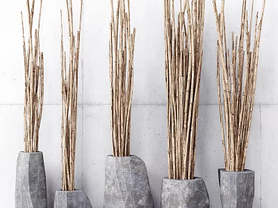 Natural Garden Decor With Dried Branches In Gray Stone Vases Against White Wall 3d model