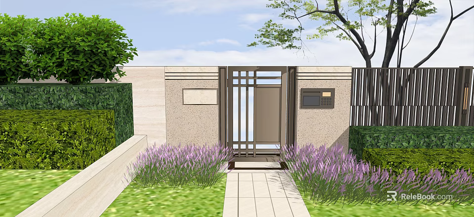 Modern Entrance Gate Design With Lavender Plants Stone Path And Garden Trees 3d model 