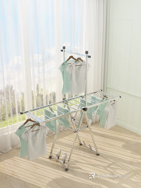 Stainless Steel Foldable Clothes Rack With Multiple Layers For Hanging T Shirts Indoor 3d model 