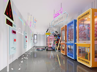 Colorful Entertainment Space With Neon Signs And Various Vending Machines 3d model