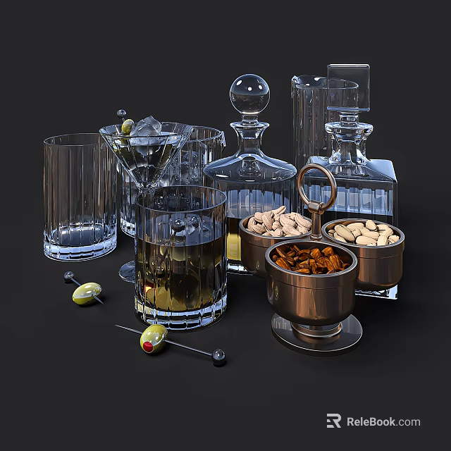Ceramic Vessels with Glassware Metal Containers and Assorted Olives Nuts 3d model
