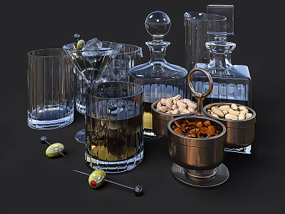 Ceramic Vessels with Glassware Metal Containers and Assorted Olives Nuts 3d model