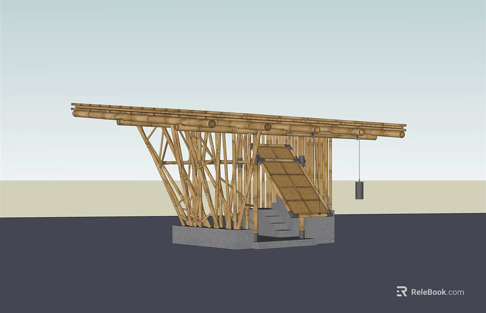 Bamboo Roof Structure With Wooden Support Beams And Concrete Steps 3d model 