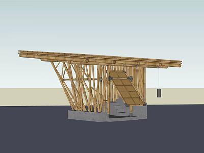 Bamboo Roof Structure With Wooden Support Beams And Concrete Steps 3d model