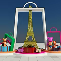 Colorful Gift Boxes And Cartoon Figures Around Golden Eiffel Tower Model In Urban