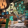 Modern Public Restroom Interior Design With Green Doors Wooden Cabinets Mirrors And Tiled Walls